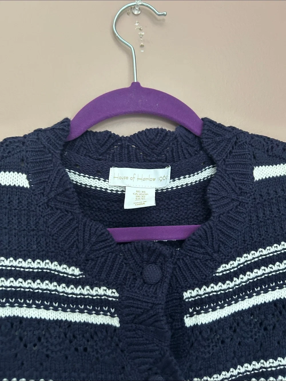 House of Harlow 1960 Striped Knit Cropped Cardigan Navy White XS